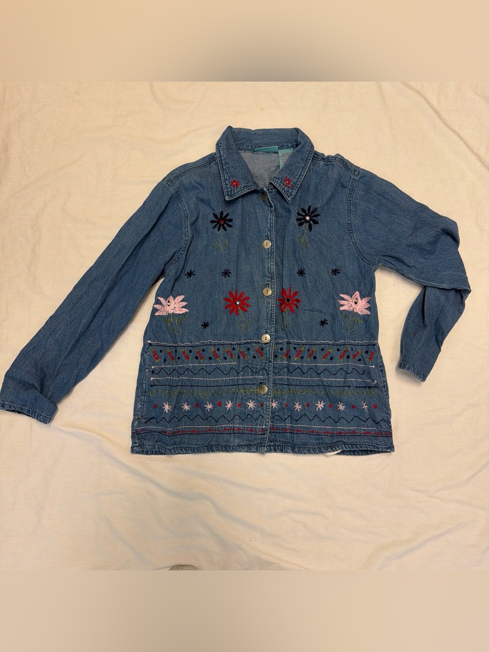 Embroidered Floral Denim Jacket - Blue with Pink & Red Flowers